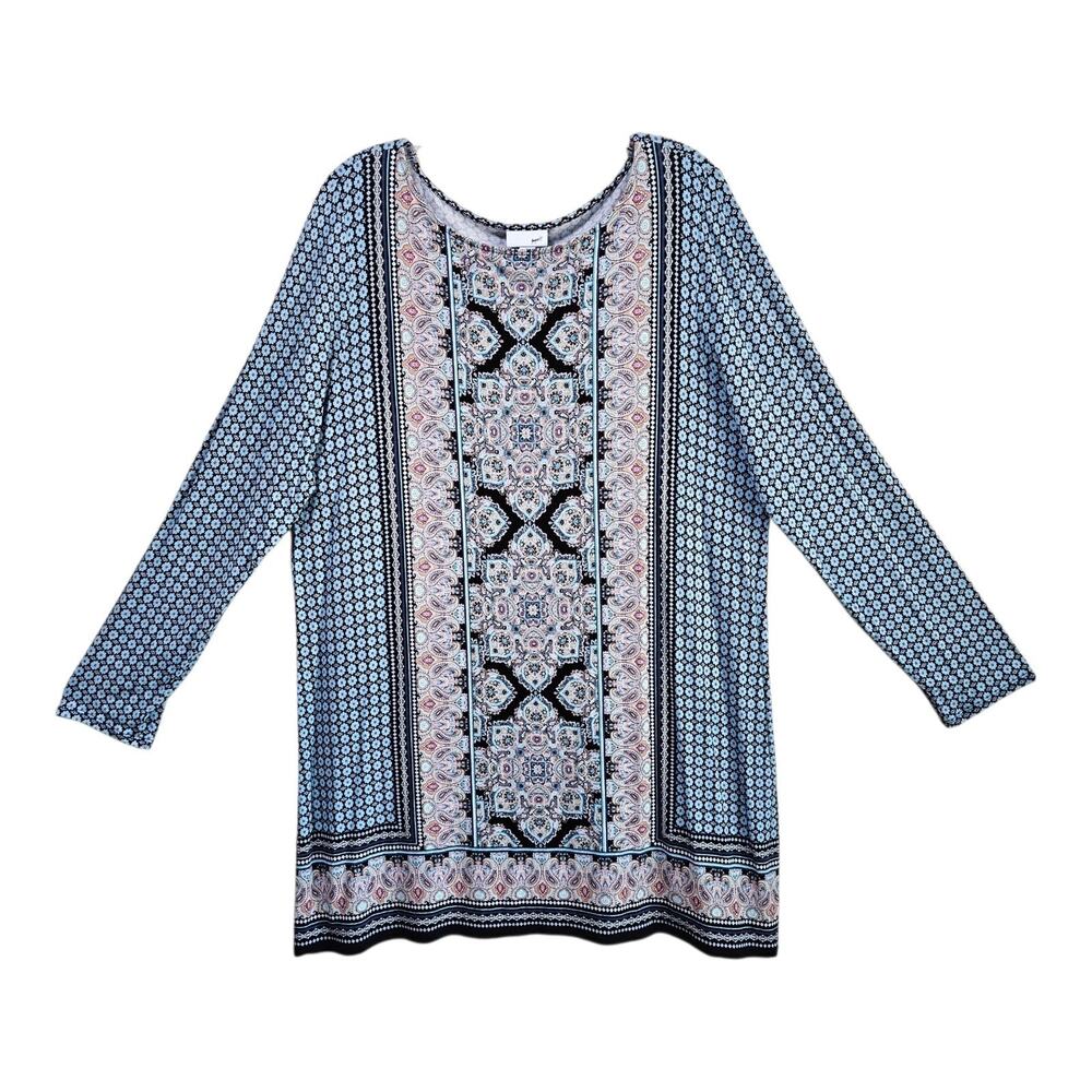 J JILL Women's L Tunic Top Bohemian Blue Pink Black Floral Long Sleeve 42"